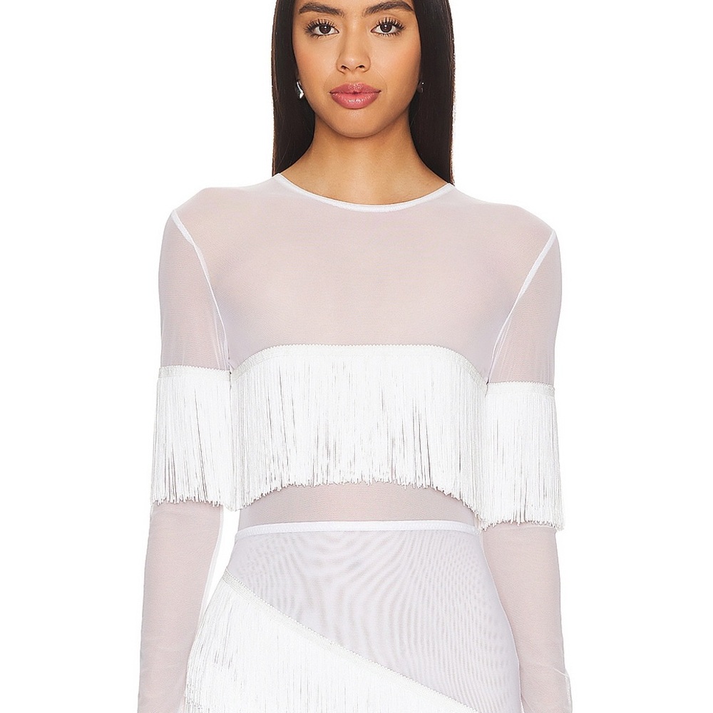 Norma Kamali White Sheer Fringe Crop Top
